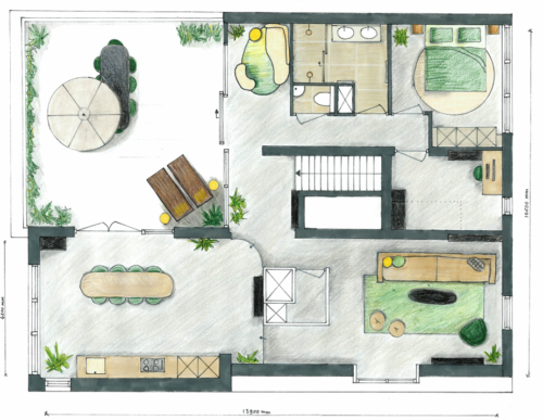 Plattegrond en nieuwe indeling appartement met dakterras